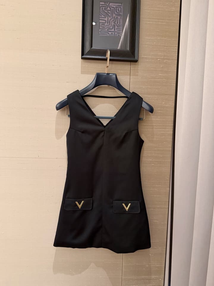 Valentino V-Neck Satin Dress with V Logo Detail in Black