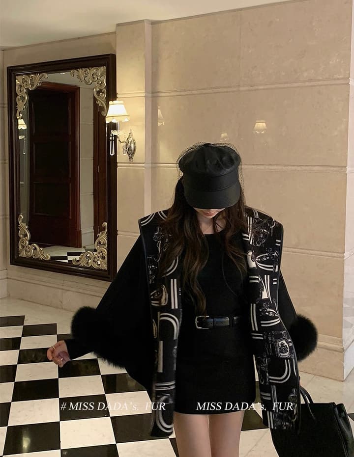 Hermès Old Money Detachable Faux Fur Sleeve Coat in Black With Patterned Reversible Side