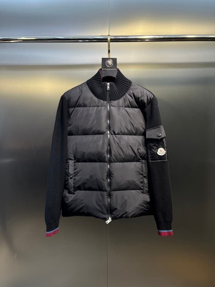 Moncler Knitted Patchwork Stand-Collar Jacket in Dark Brown