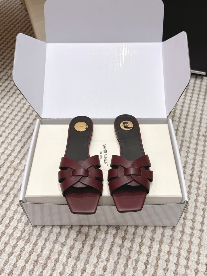 Saint Laurent Melody Square Toe Flat Sandals – 2026SS in Burgundy Patent