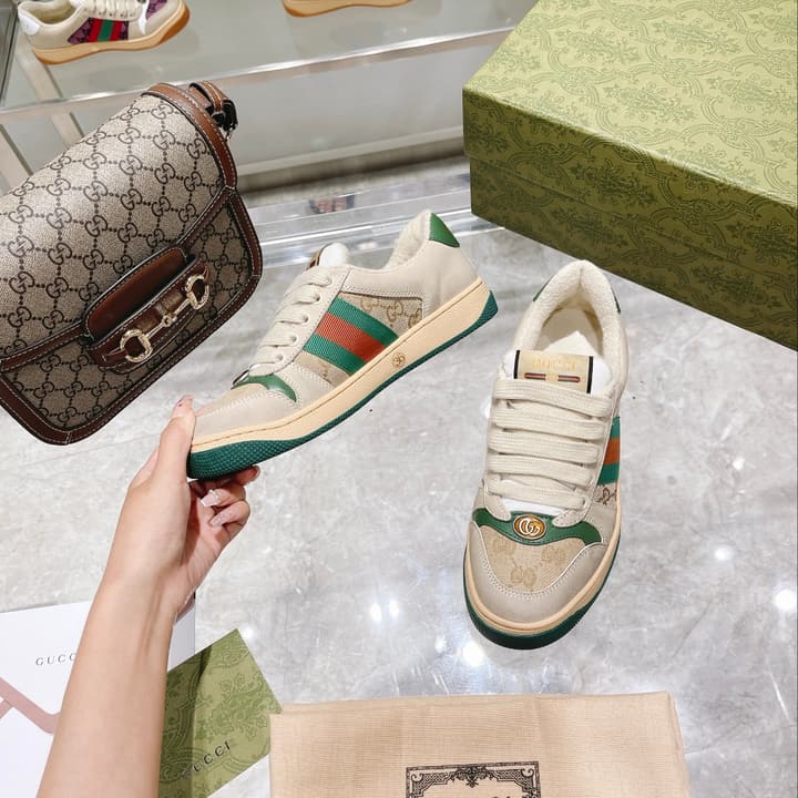 Gucci First Generation Distressed Leather Sneakers in Beige Distressed With Web Stripe