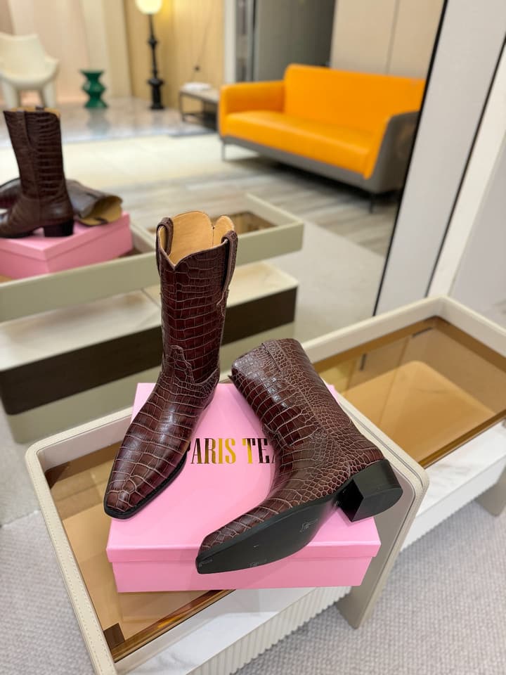 Paris Texas Crocodile Embossed Western Ankle Boots in Chocolate Croc