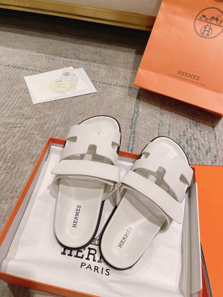 Hermès Chypre Suede Unisex Slides in Black With Dark Blue Strap