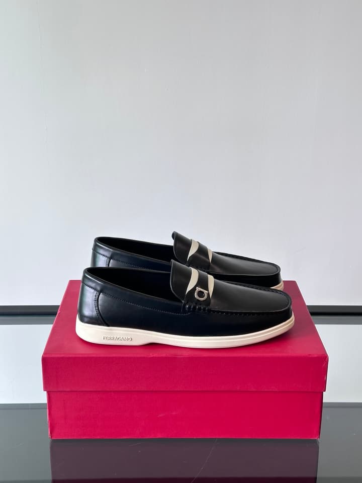 Ferragamo Men's Imported Calfskin Driving Shoes in Classic Black Leather