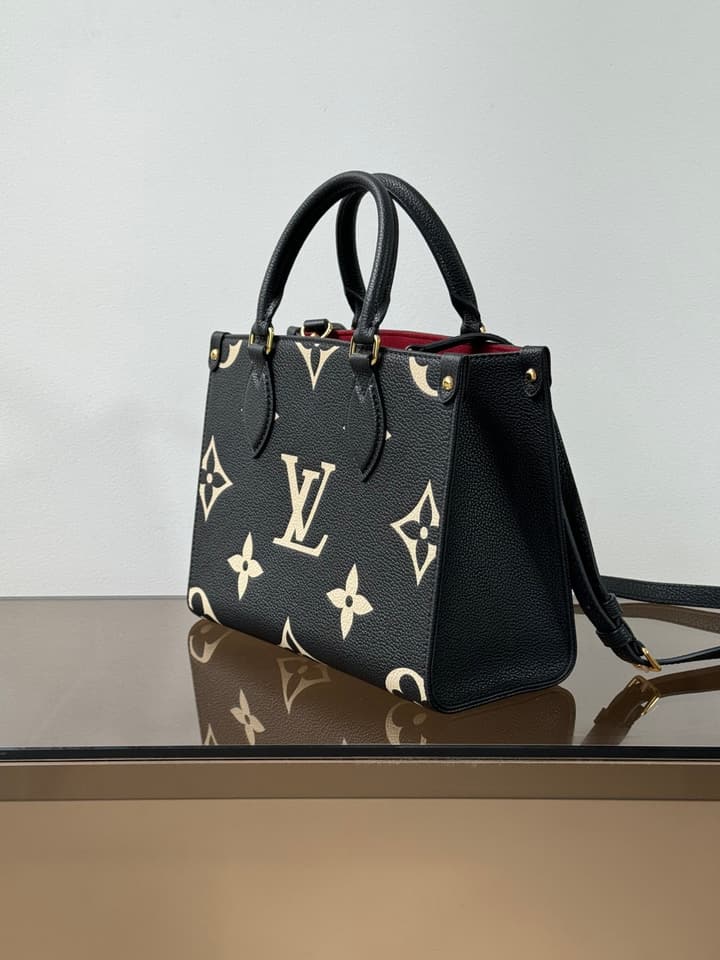 Louis Vuitton OnTheGo Small Tote Bag in Black Contrasting Monogram With Red Lining
