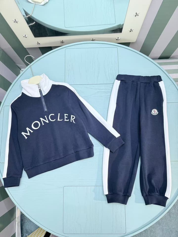 Moncler Kids Stand Collar Embroidered Tracksuit Set – 2025SS – Kids Collection in Light Pink With White Stripes
