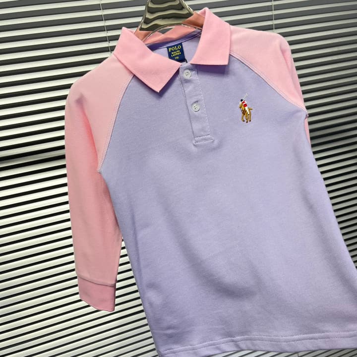 Ralph Lauren Color-block Long Sleeve Polo Shirt – Autumn Collection – Kids Collection in Lavender And Pink Color Block