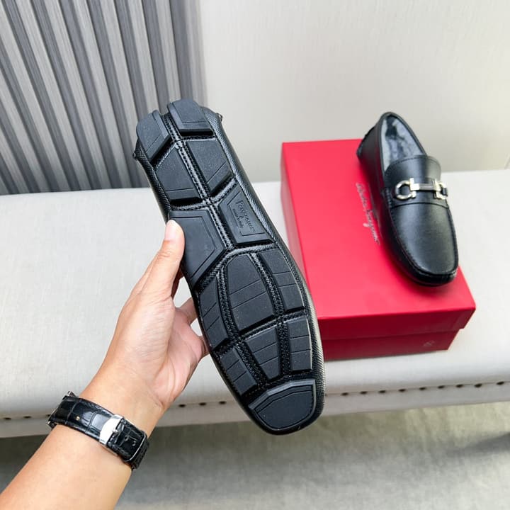 Ferragamo Imported Cowhide Fur-Lined Loafers in Black Patent Leather