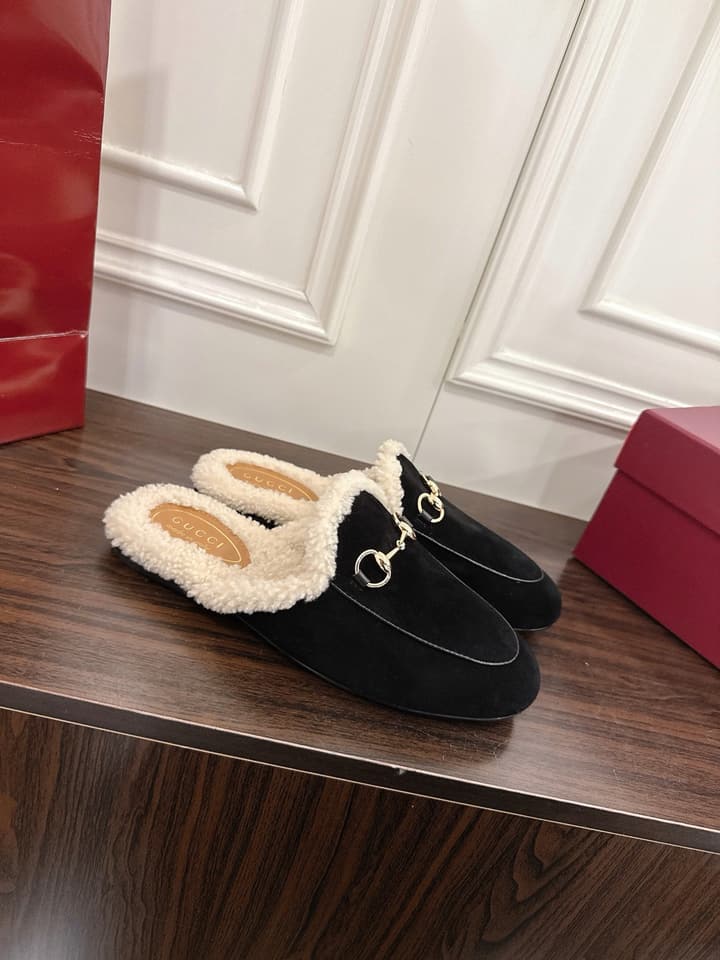 Gucci Princetown Merino Wool Mules in Black Suede With Silver Hardware