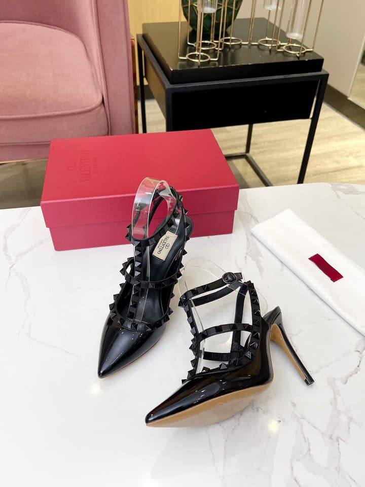 Valentino Rivet Heeled Sandals – Spring/Summer Collection in Shiny Black Multi-strap Stiletto 1