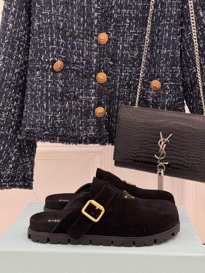Prada Triangle Logo Birkenstock Slippers – Spring/Summer Collection in Black Suede