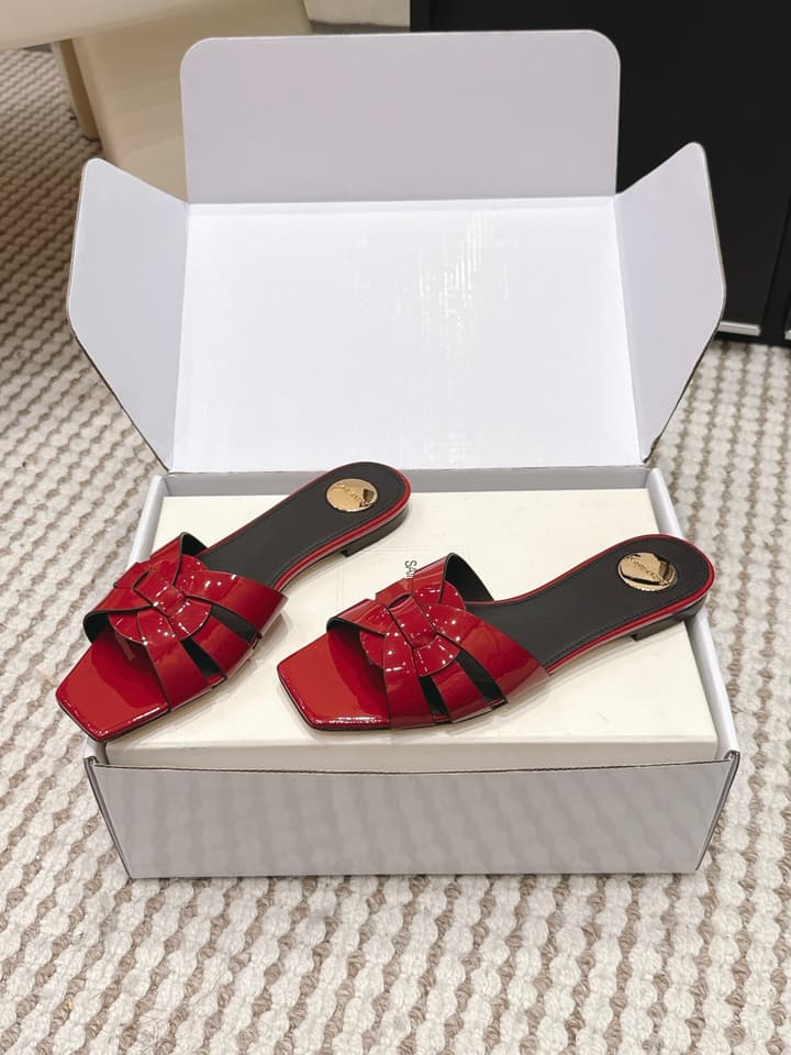 Saint Laurent Melody Square Toe Flat Sandals – 2026SS in Burgundy Patent