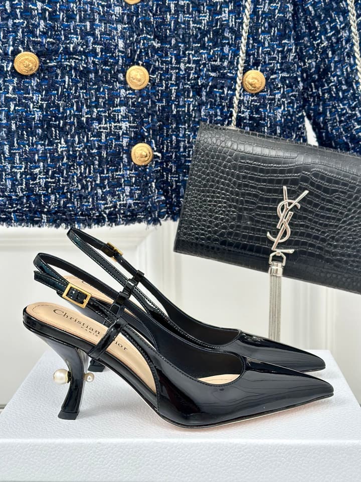 Dior Pearl Heel Pointed-Toe Slingback Mules – Spring/Summer Collection – 2024 in Black Leather