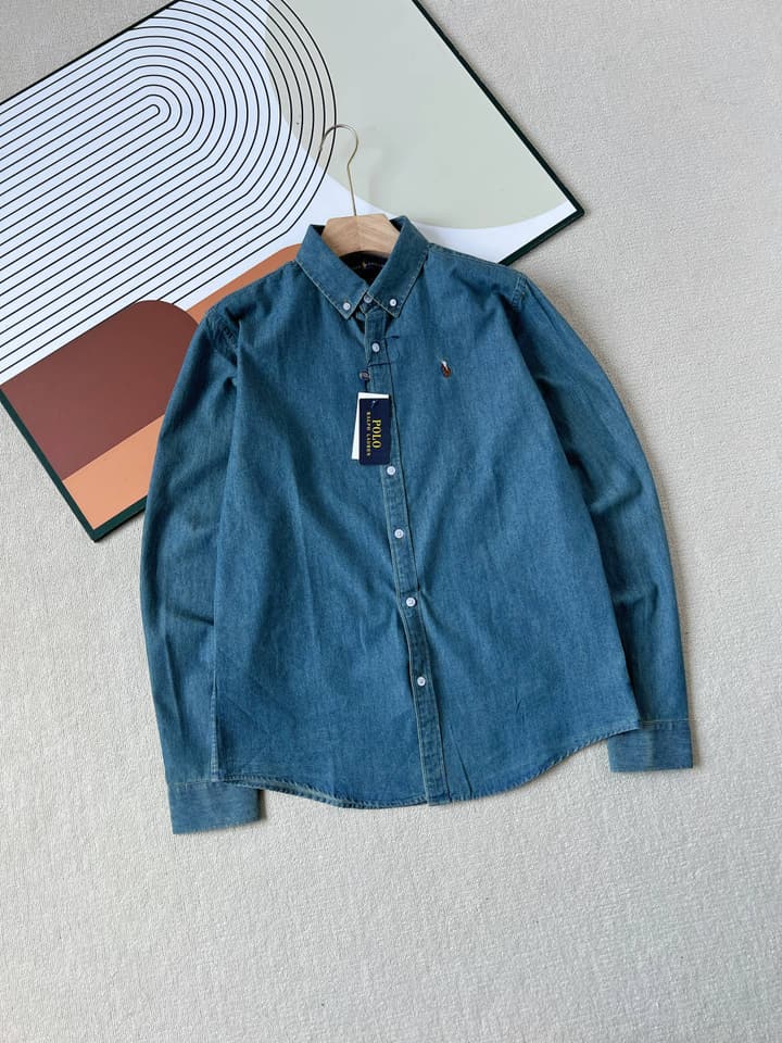 Ralph Lauren Washed Denim Shirt with Embroidered Logo in Dark Wash Denim Flat Lay