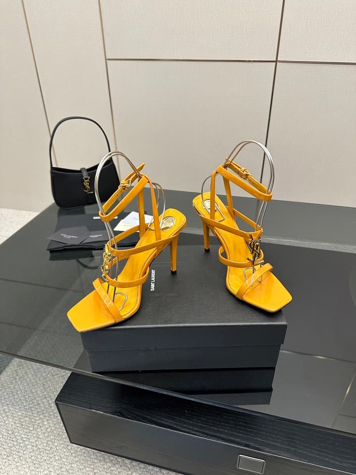 Saint Laurent Patent Leather Heeled Sandals in Bright Amber