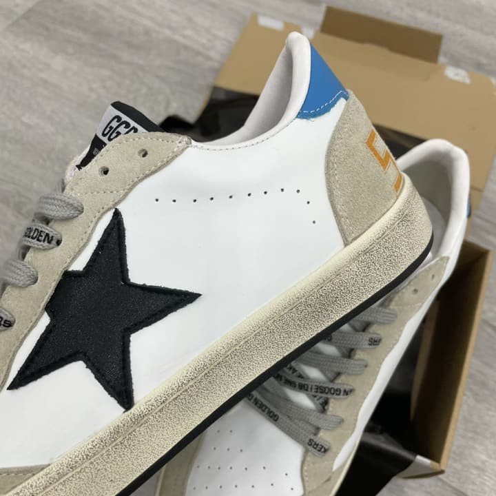 Golden Goose Ball Star Distressed Sneakers – 2023 Spring Collection in White Distressed With Blue Heel And Black Star