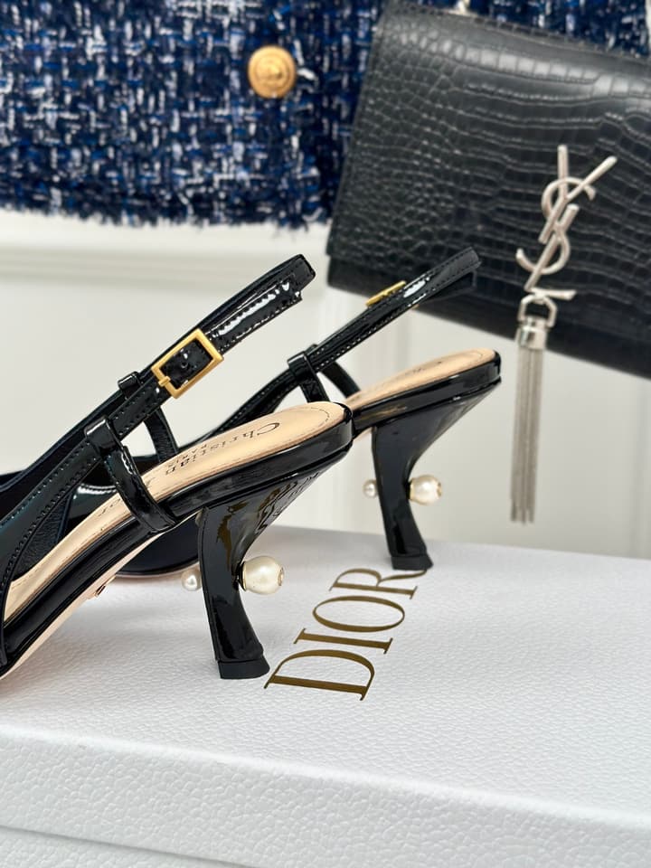 Dior Pearl Heel Pointed-Toe Slingback Mules – Spring/Summer Collection – 2024 in Black Leather
