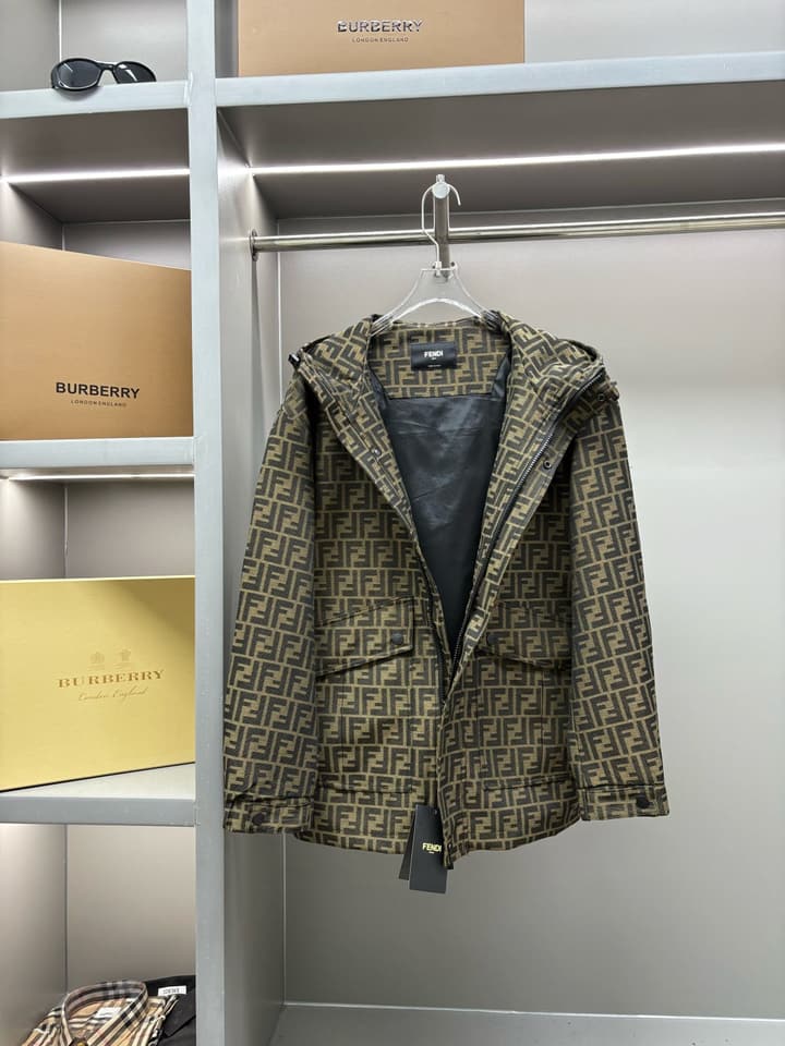 Fendi FF Jacquard Hooded Thin Jacket in Olive Brown Ff Jacquard