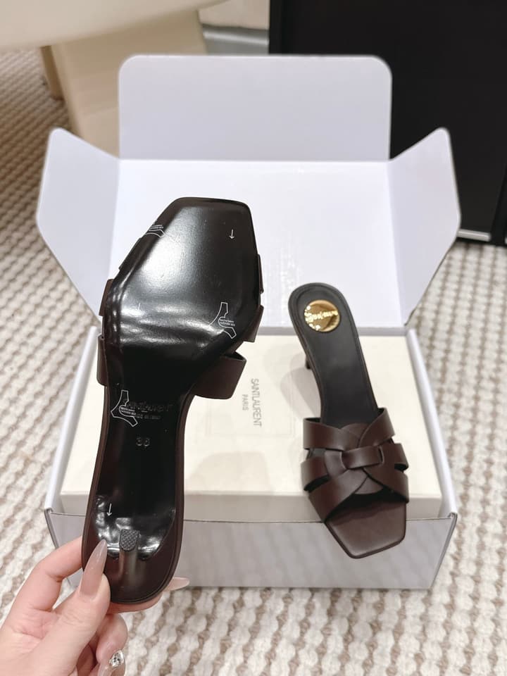 Saint Laurent Melody Square-Toe Heeled Sandals – 2026 Spring/Summer Collection in Beige Patent