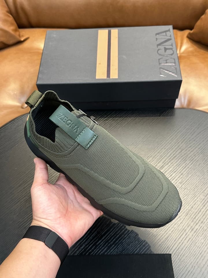 Zegna Techmerino Slip-On Sneakers in Dark Navy With Green Accent