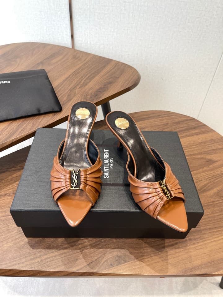 Saint Laurent Pointed Toe Stiletto Heeled Sandals – 26SS in Black - Gold Logo Plaque