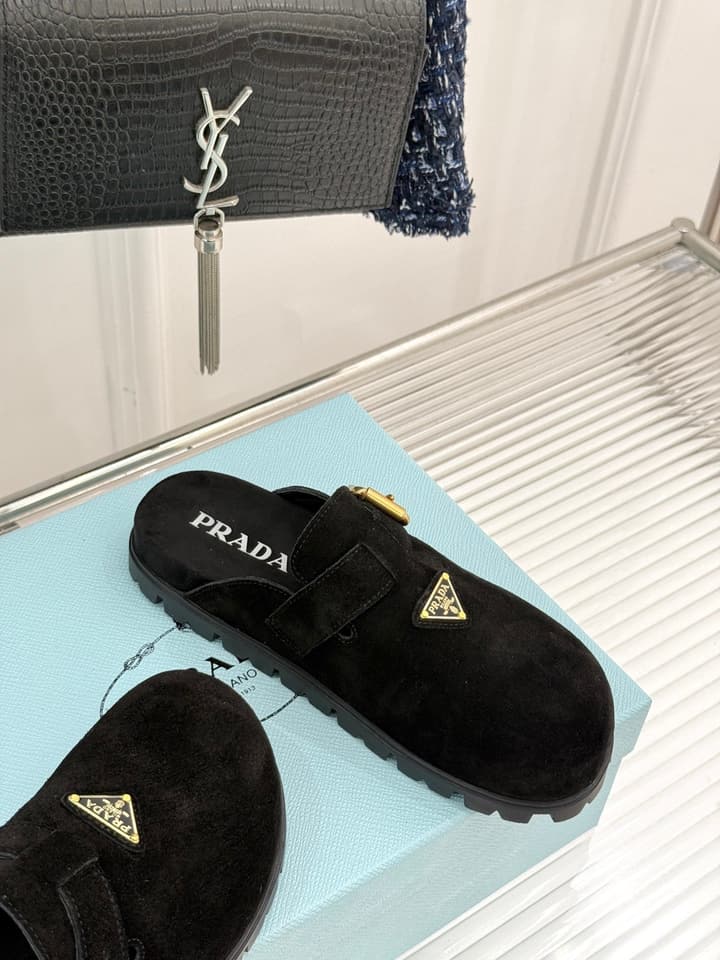Prada Triangle Logo Birkenstock Slippers – Spring/Summer Collection in Black Suede