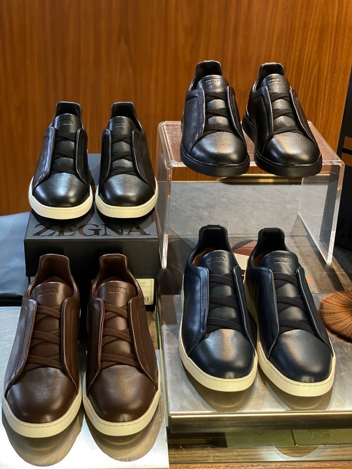 Zegna Triple Stitch Leather Sneakers in Black Smooth Leather