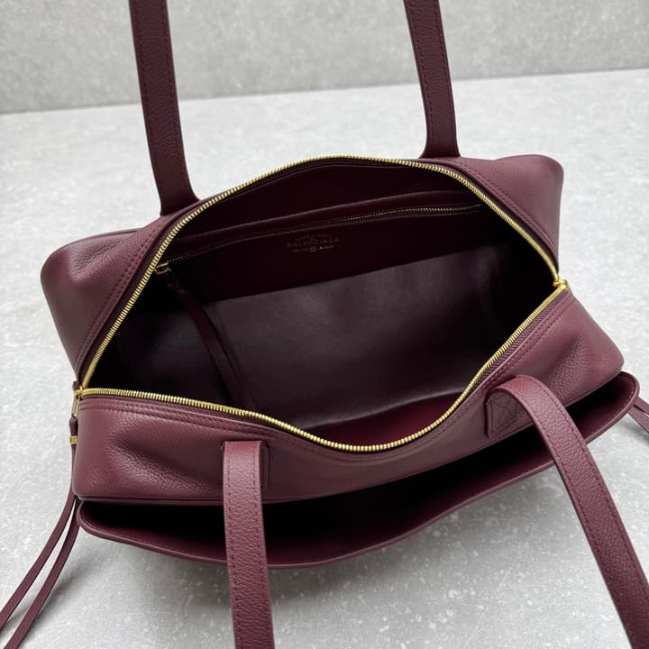 Balenciaga Carrie Small Leather Bowling Bag in Burgundy Leather