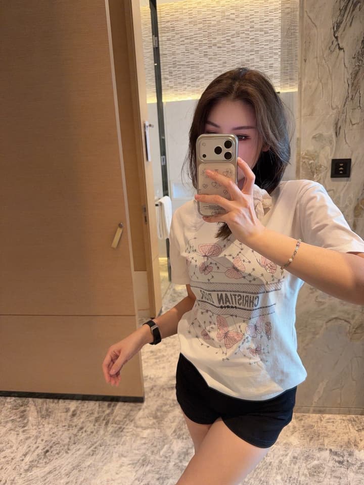 Dior Pink Butterfly Rhinestone Print T-Shirt in White With Pink Butterfly Print