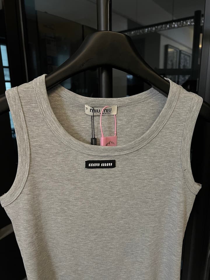 Miu Miu Ribbed Cotton Logo Tank Top – 25SS in Grey