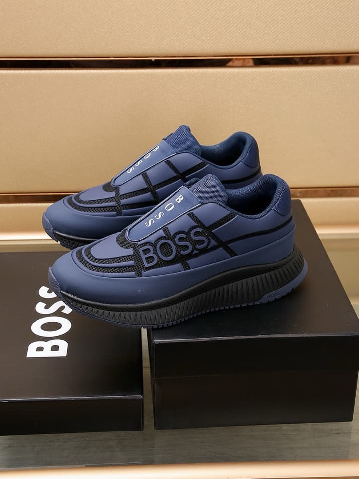 Boss New Men's Luxury Athletic Sneakers in Black With White Detail