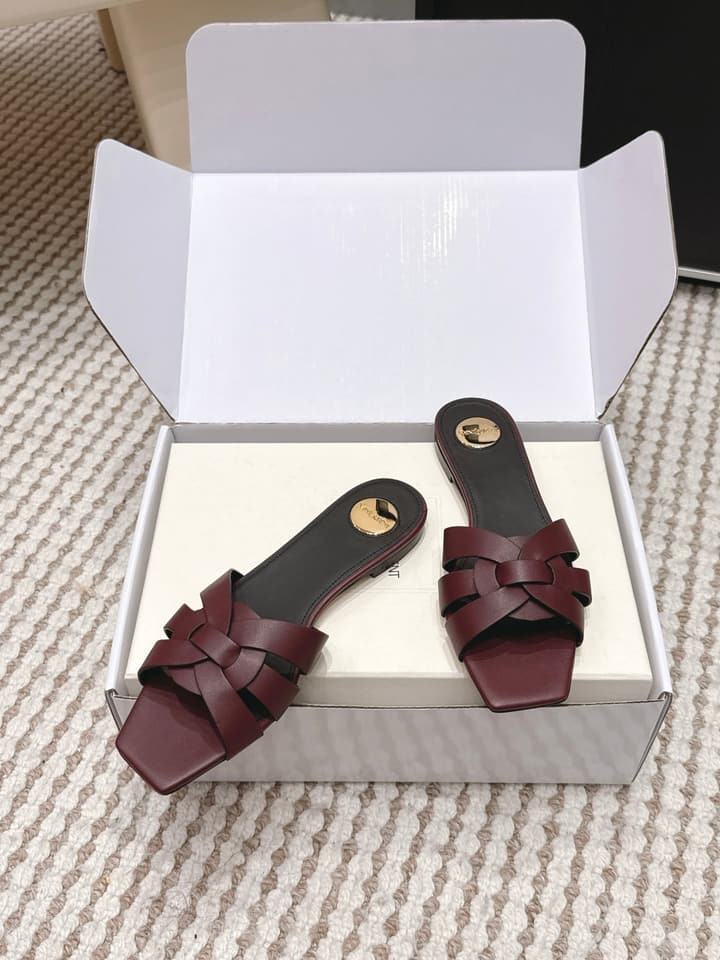 Saint Laurent Melody Square Toe Flat Sandals – 2026SS in Burgundy Patent