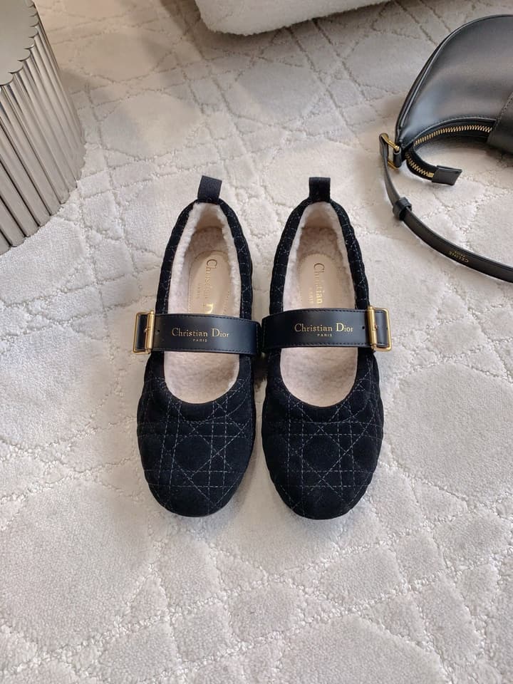 Dior Quilted Wool Mary Jane Flats in Black Suede