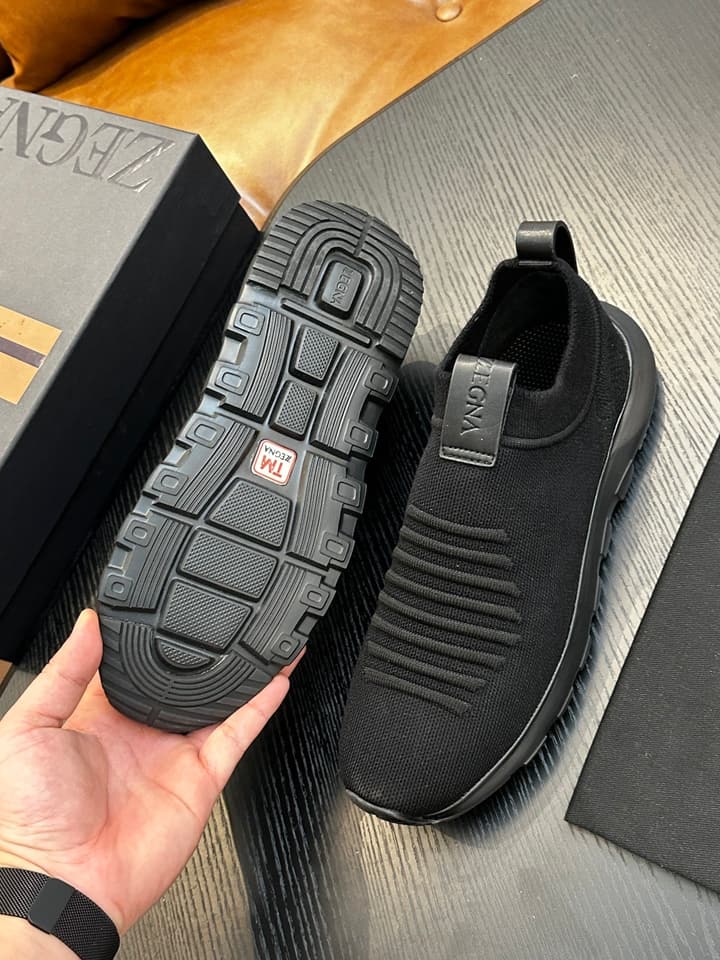 Zegna Techmerino Slip-On Sneakers in Dark Navy With Green Accent