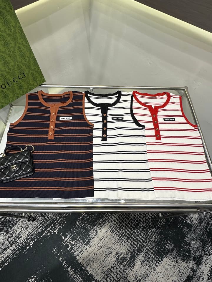 Miu Miu Striped Buttoned Slim-Fit Tank Top in Coffee