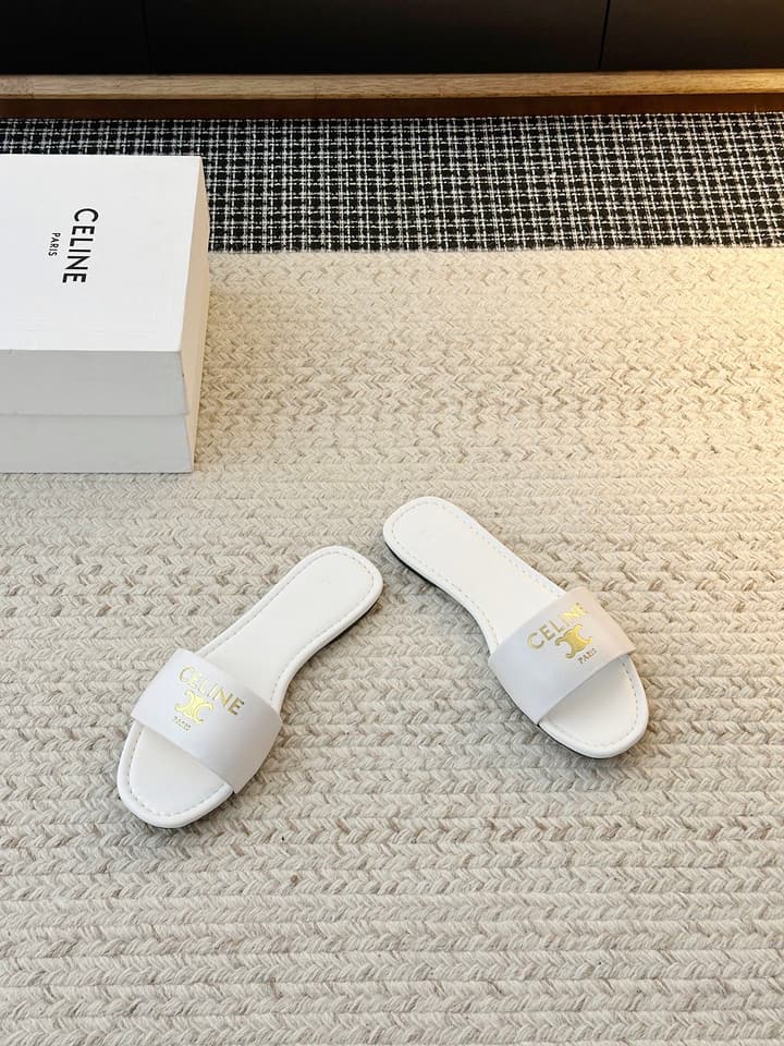 Celine Minimalist Triomphe Flat Sandals – Summer Collection in White