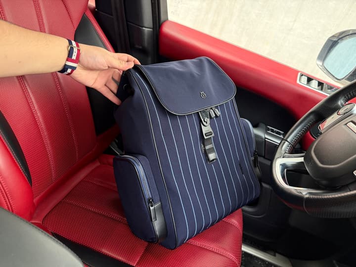 RIMOWA Never Still Large Canvas Backpack in Light Gray Pinstripe