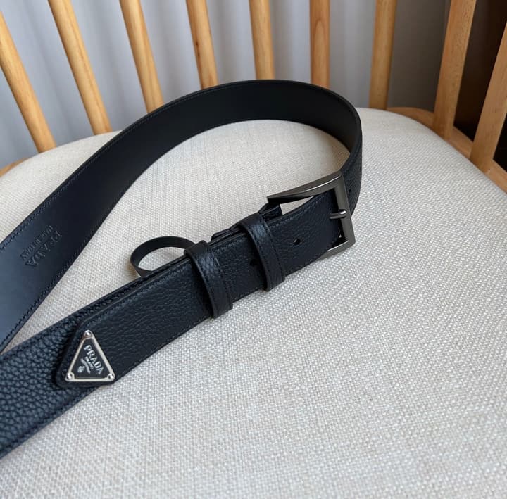 Prada Leather Belt with Triangle Logo in Black Leather Gold Buckle