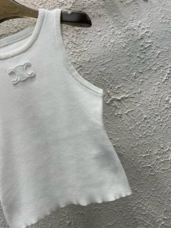 Celine Triomphe Embroidered Crewneck Knit Tank Top in Black