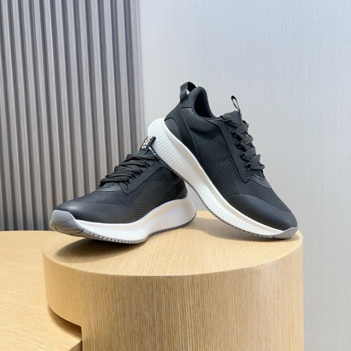 Boss Men's Layered Sport Sneakers in Black With White Sole