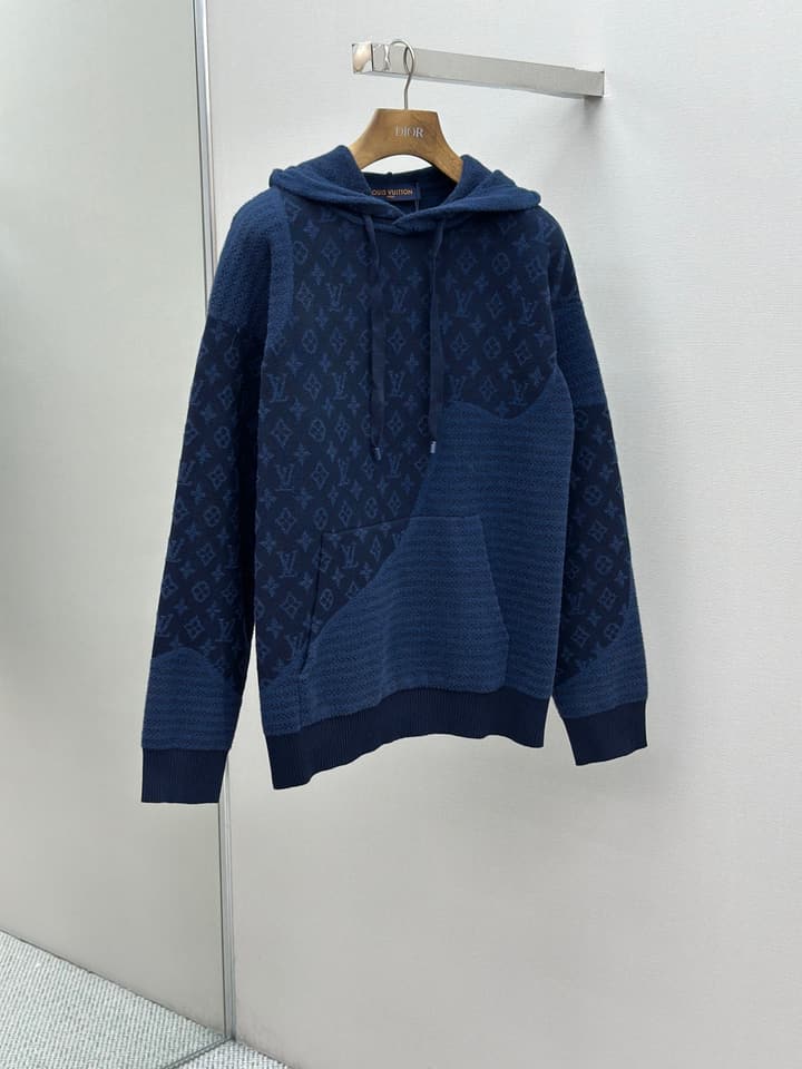 Louis Vuitton Monogram Jacquard Spliced Cashmere Hoodie in Dark Navy Monogram Jacquard