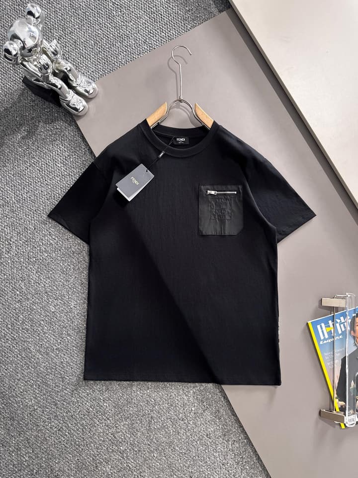 Fendi Flocked Double F Logo Zipper Pocket T-Shirt – 2025SS in Black