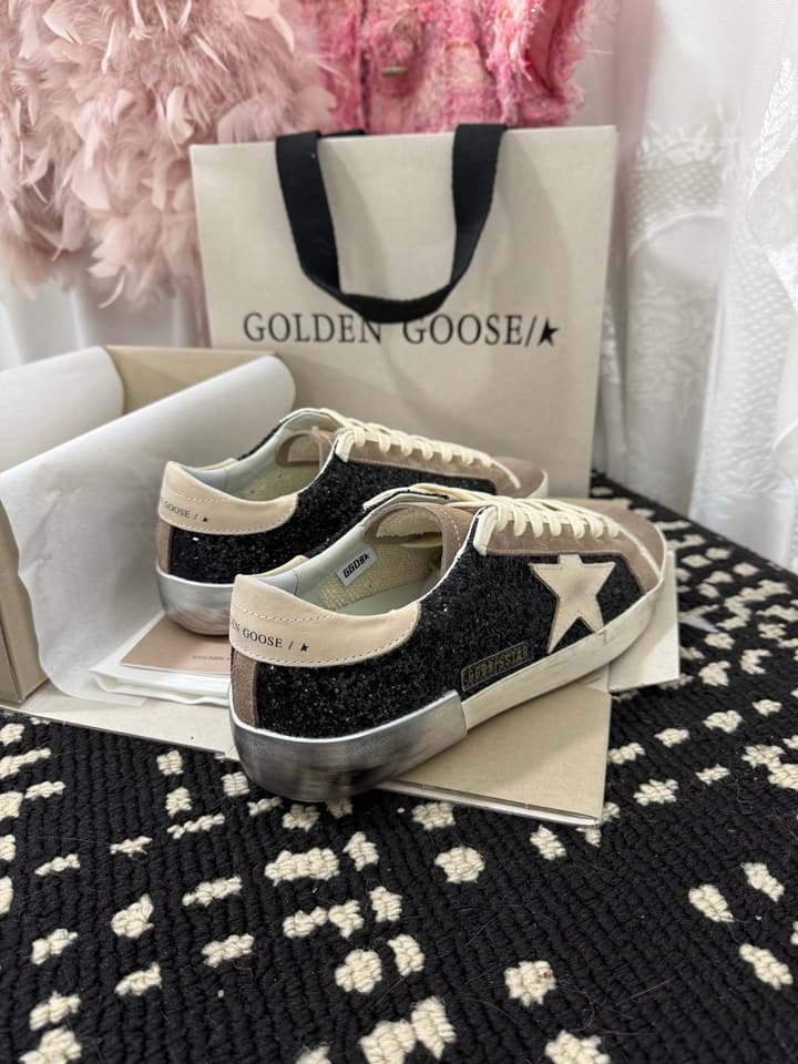 Golden Goose Super Star Rhinestone Leather Sneakers in Grey Suede Black Leather White Star
