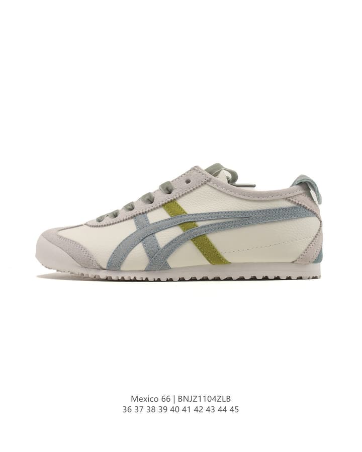 Onitsuka Tiger Mexico 66 Classic Retro Sneakers in Cream With Grey And Lime Stripes