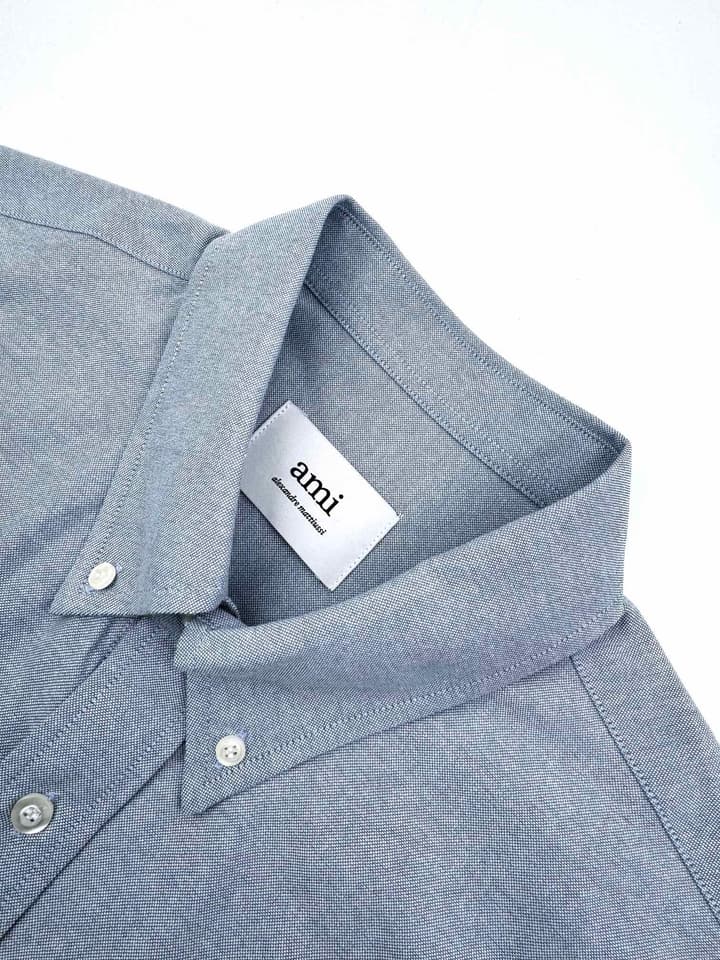 Ami Paris Heart Embroidered Boxy Oxford Shirt in Grey Blue