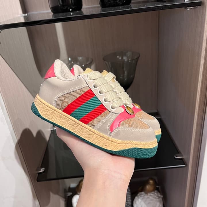 Gucci Rhyton Distressed Kids' Sneakers – Kids Collection – 2023SS in Cream With Blue Flower Design