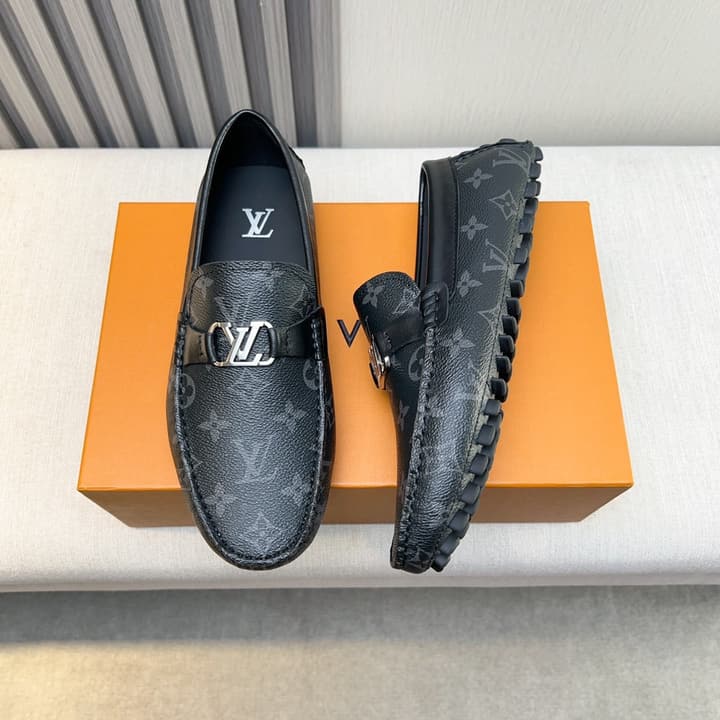 Louis Vuitton Pebbled Leather Driving Shoes in Black Smooth Leather