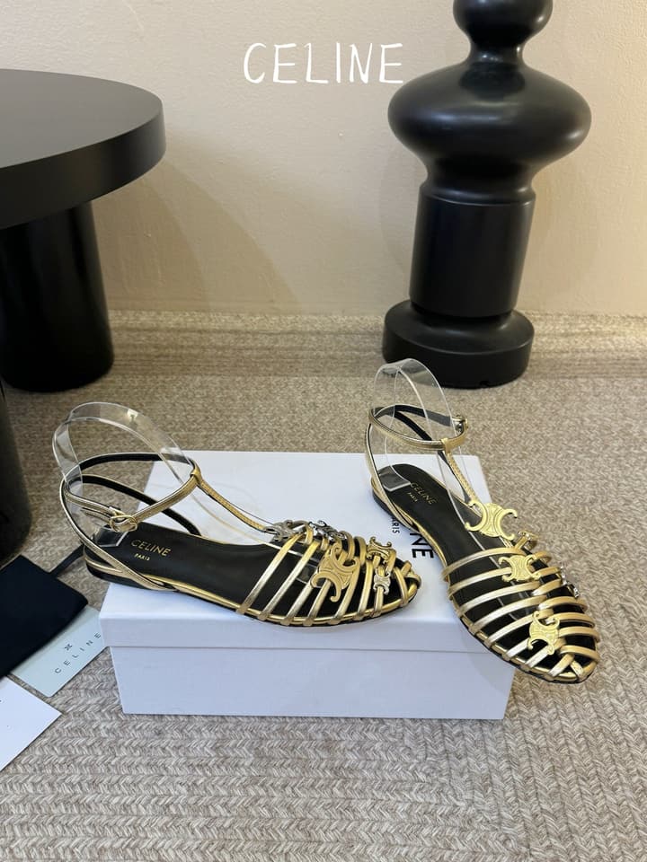 Celine Triomphe Ankle Strap Sandals – Spring/Summer Collection in Black - Large Logo Flats