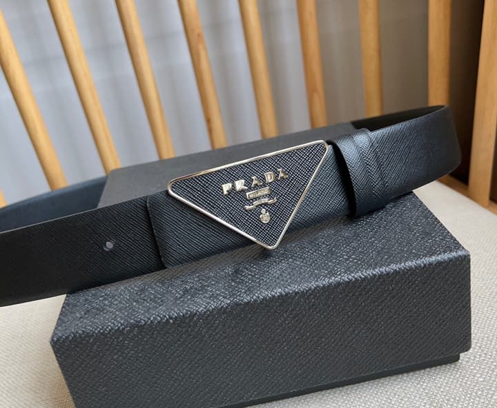 Prada Triangle Logo Buckle Belt in Black Textured Leather With Black Buckle