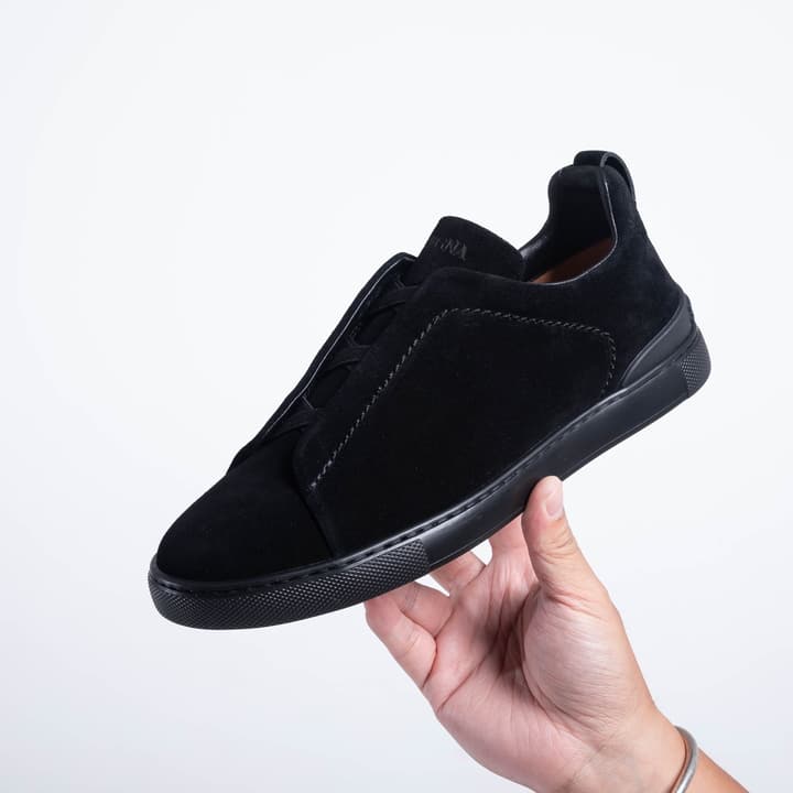 Zegna SECONDSKIN Triple Stitch Low-Top Sneakers in Navy Smooth Leather